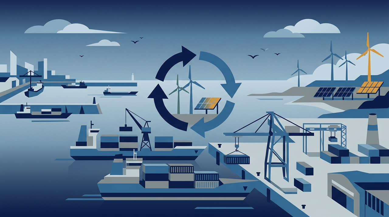 Flat vector illustration representing carbon trading and environmental compliance in maritime and energy transport.