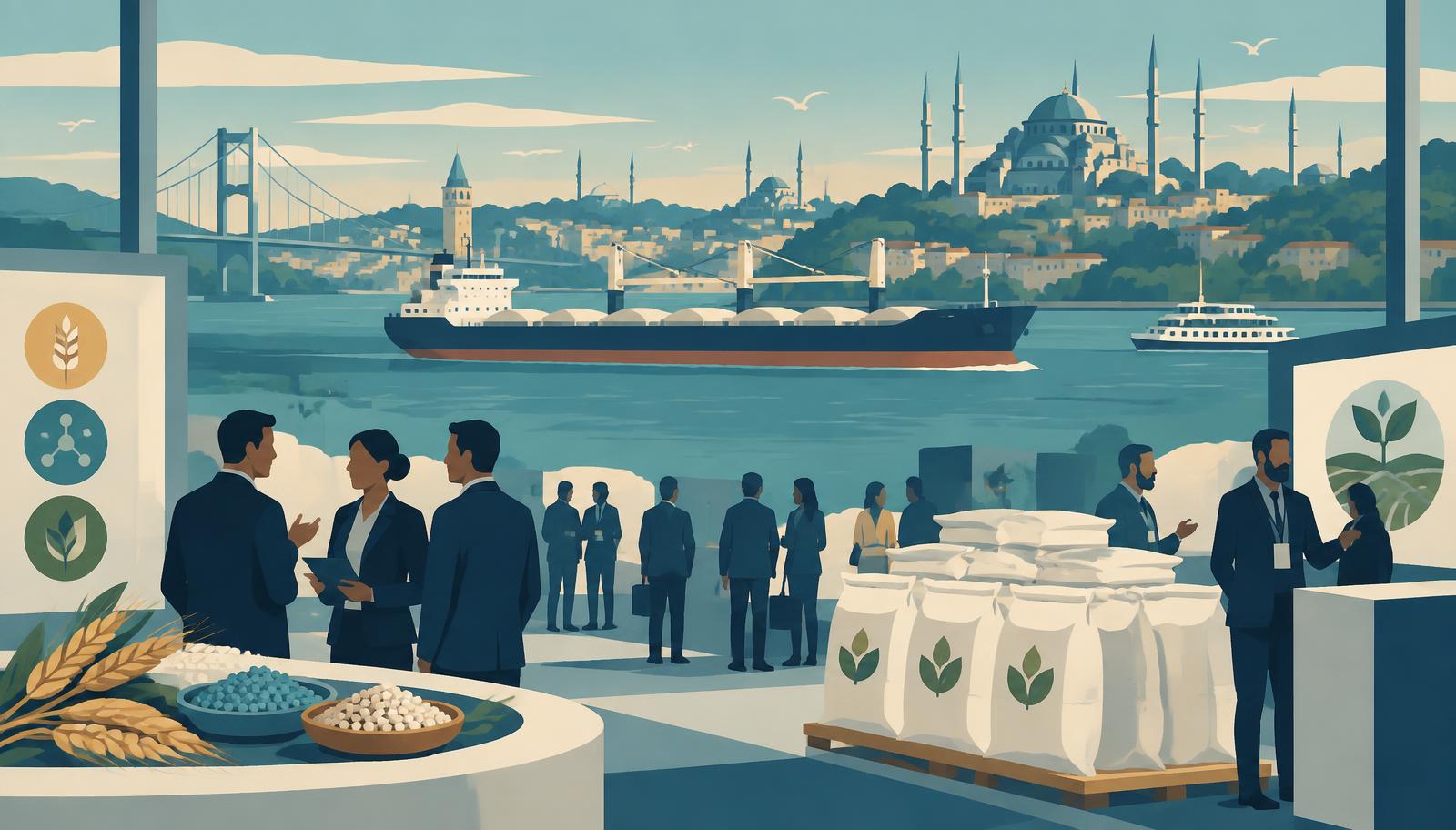 Illustration of a fertilizer trading conference in Istanbul with a bulk carrier on the Bosphorus and pallets of fertilizer sacks