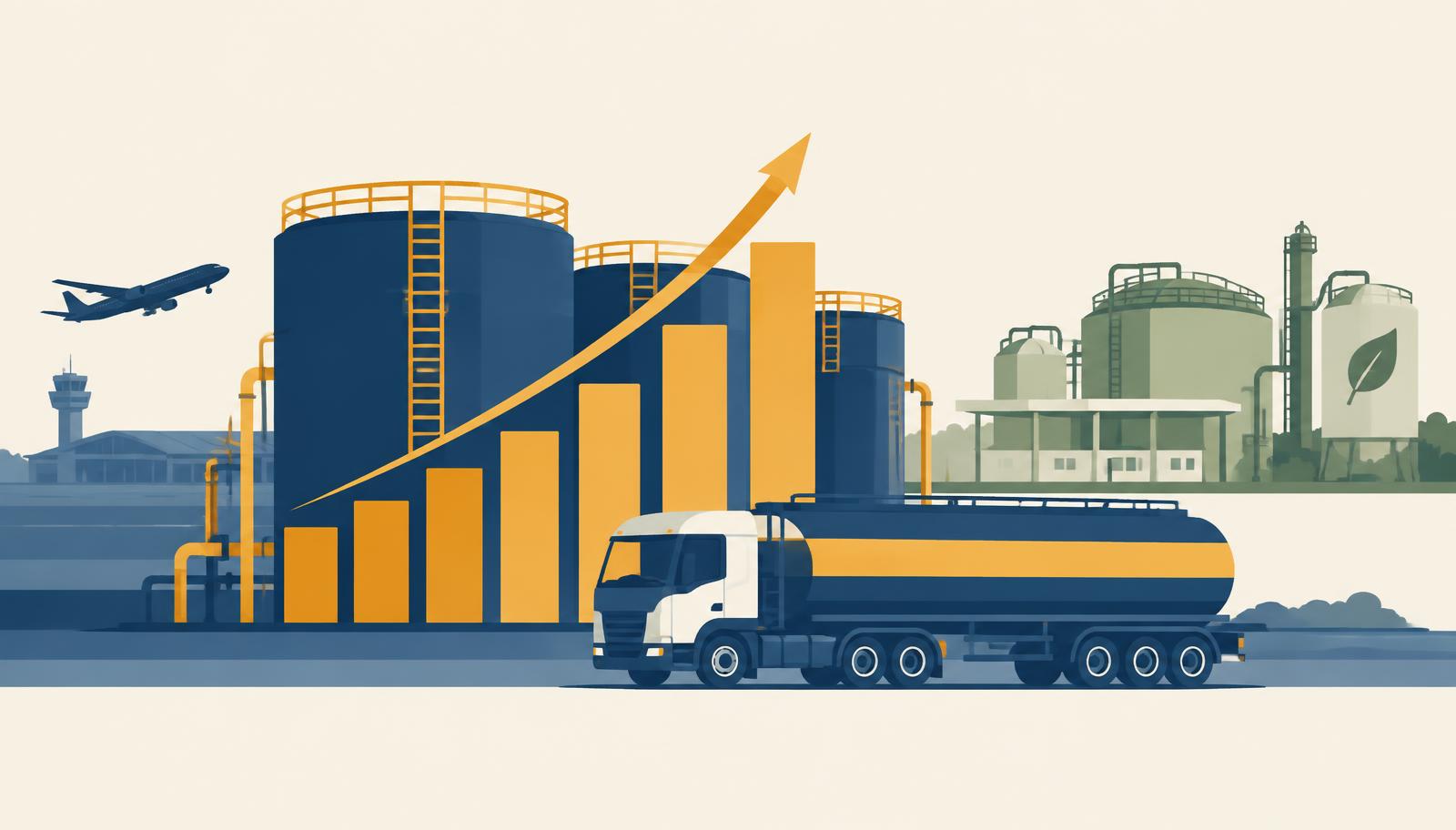 Flat vector illustration of rising revenue bars beside oil storage tanks, a fuel tanker truck and a biofuel terminal.