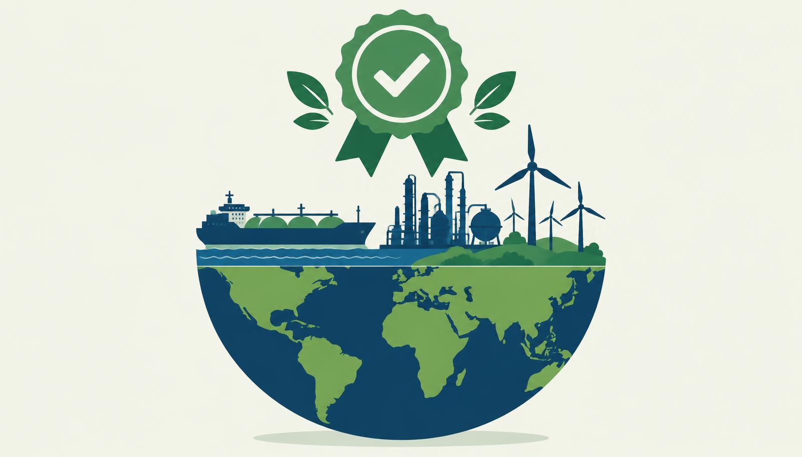 Illustration of a green sustainability badge above a globe with a tanker, refinery and wind turbines