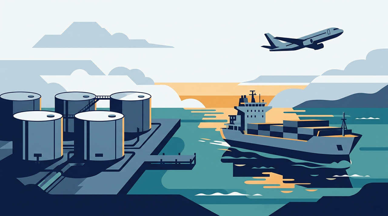 Minimalist vector graphic depicting marine shipping, aviation fuel infrastructure, and liquid storage tanks.
