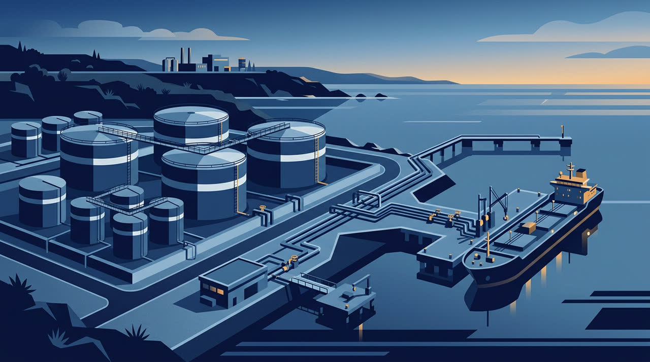 Minimalist vector illustration of a coastal fuel terminal with storage tanks and a bunkering vessel.