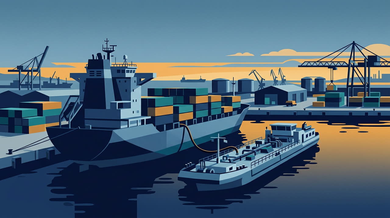 Flat vector illustration of a bunker barge refuelling a commercial vessel in port.