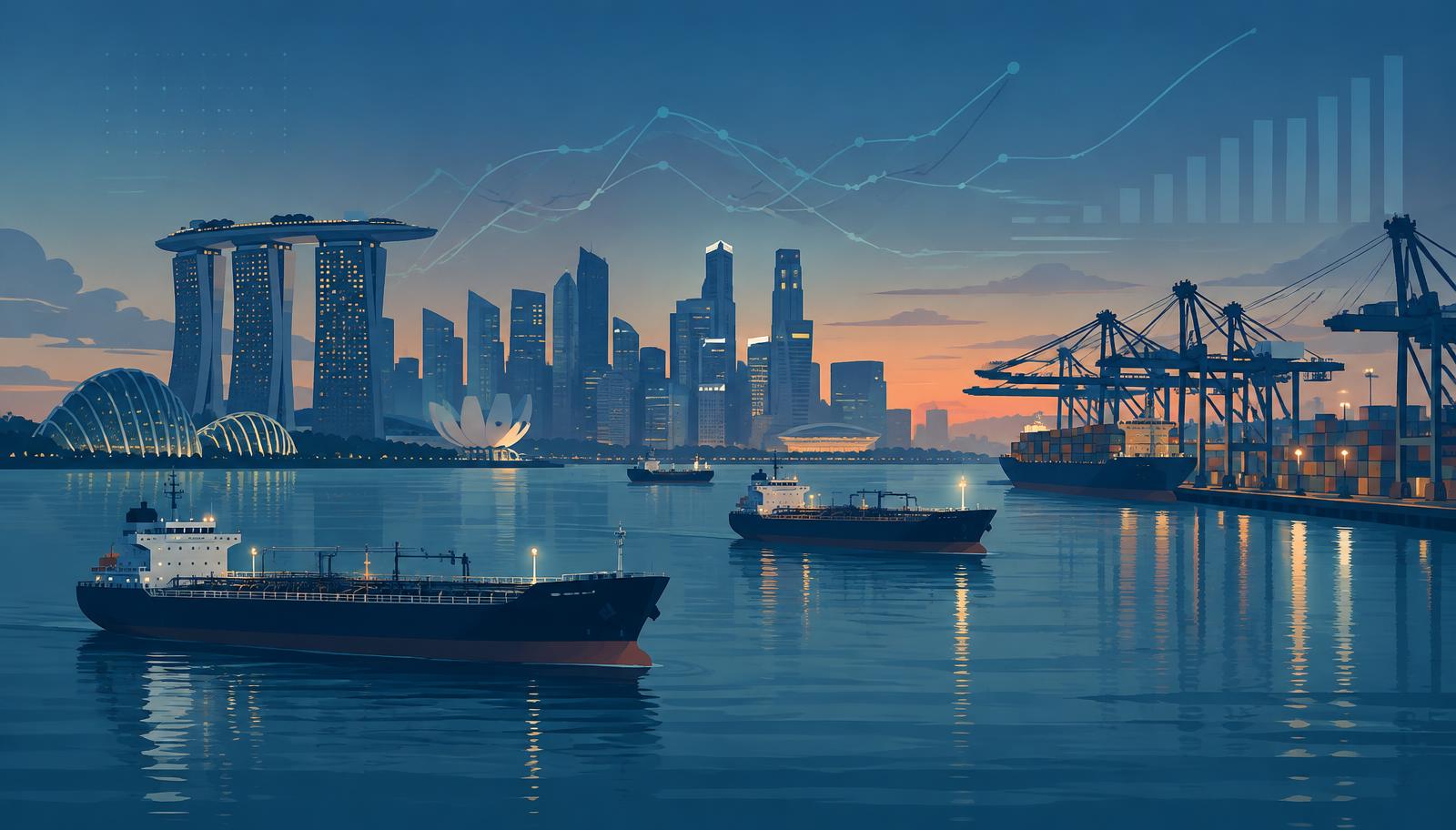 Illustration of the Singapore skyline and port with bunker tankers and container cranes