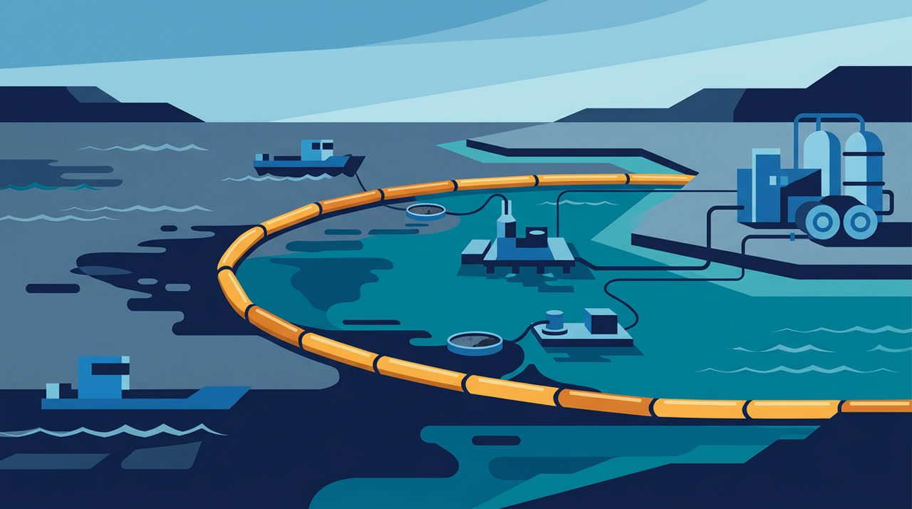 Minimalist vector illustration depicting marine oil containment booms and water purification technology.