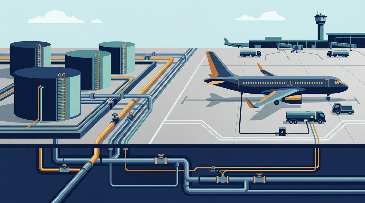 Vector illustration showing pipeline infrastructure connecting fuel storage to an airport runway and aeroplane