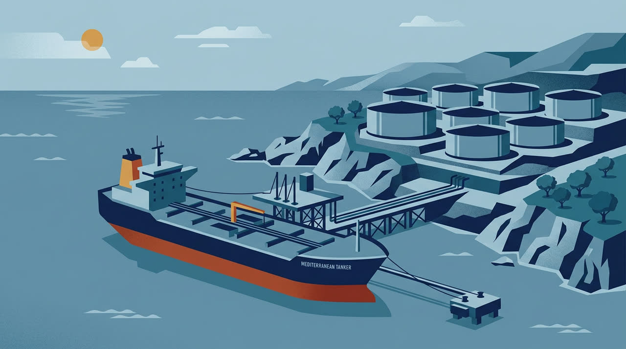 Flat vector illustration of a coastal oil storage terminal and cargo vessel in the Mediterranean.