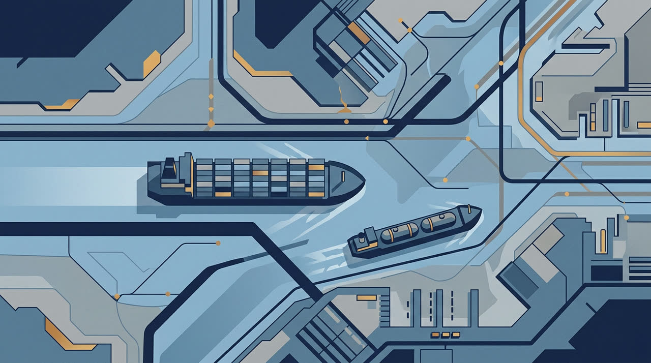 Editorial illustration depicting maritime and river shipping chokepoints affecting oil logistics.