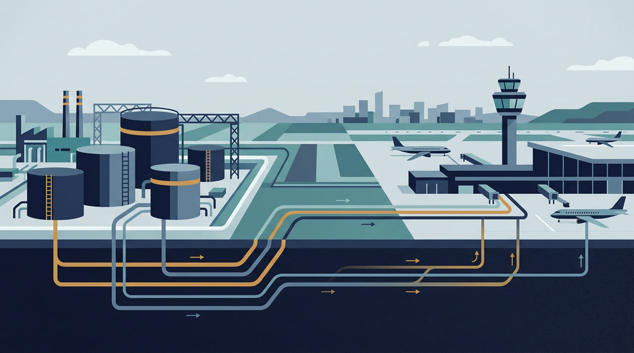 Vector illustration of a cross-border fuel pipeline network connecting storage terminals to European airports.