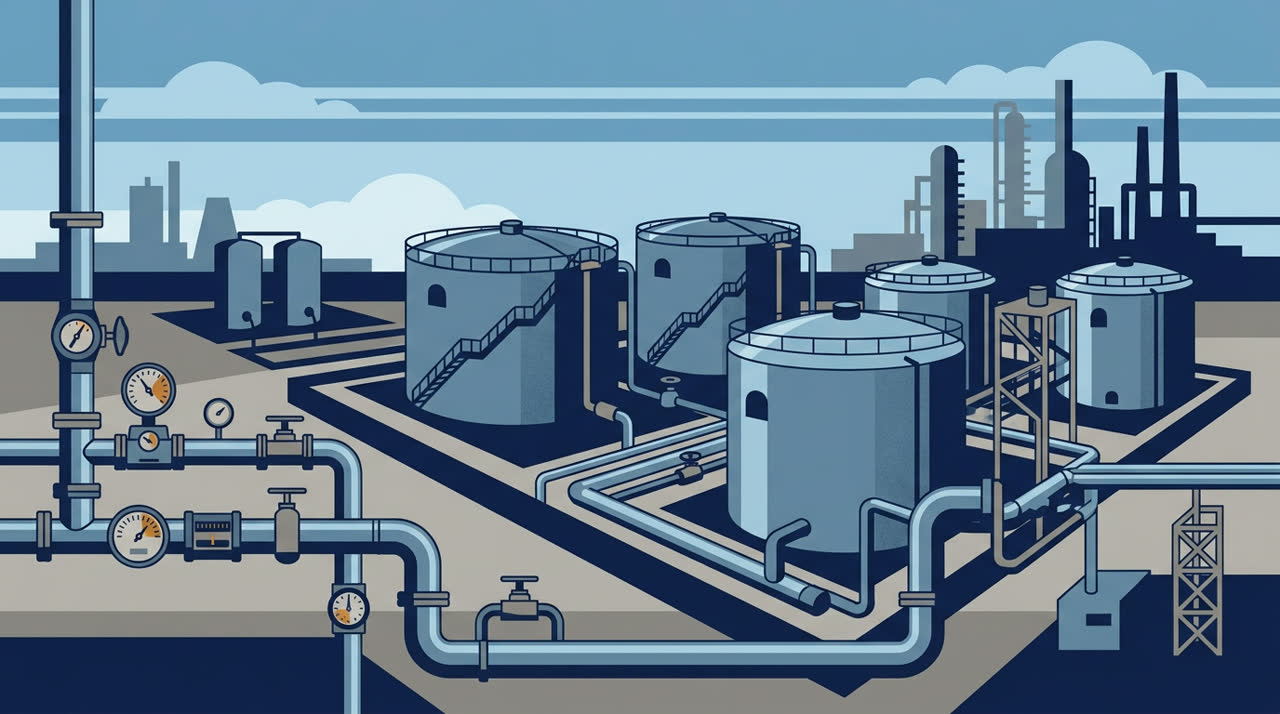 Flat vector illustration of industrial oil storage tanks and fuel distribution pipeline network.